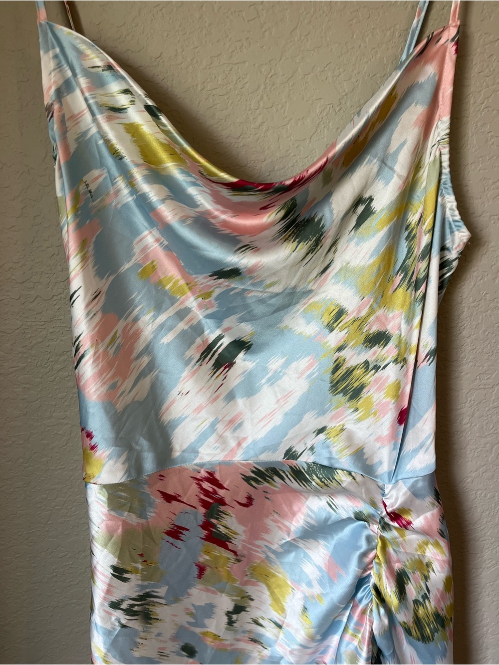 Cider Watercolor Floral Satin Slip Dress Medium Ruched Cowl Neck Party Wedding - Picture 2 of 5